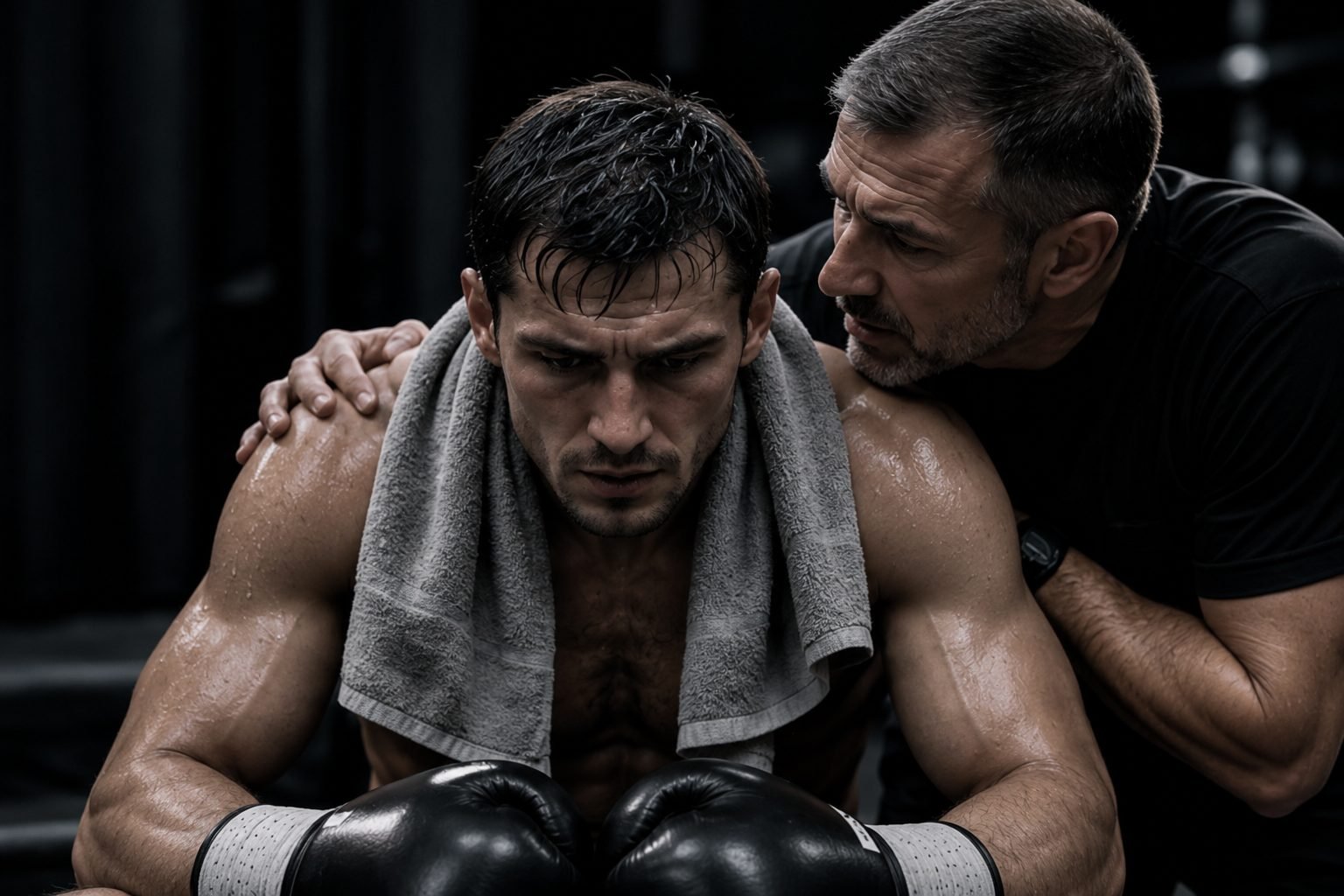 A boxer between rounds, physically drained and deep in thought, with someone close beside him offering calm, focused support.
