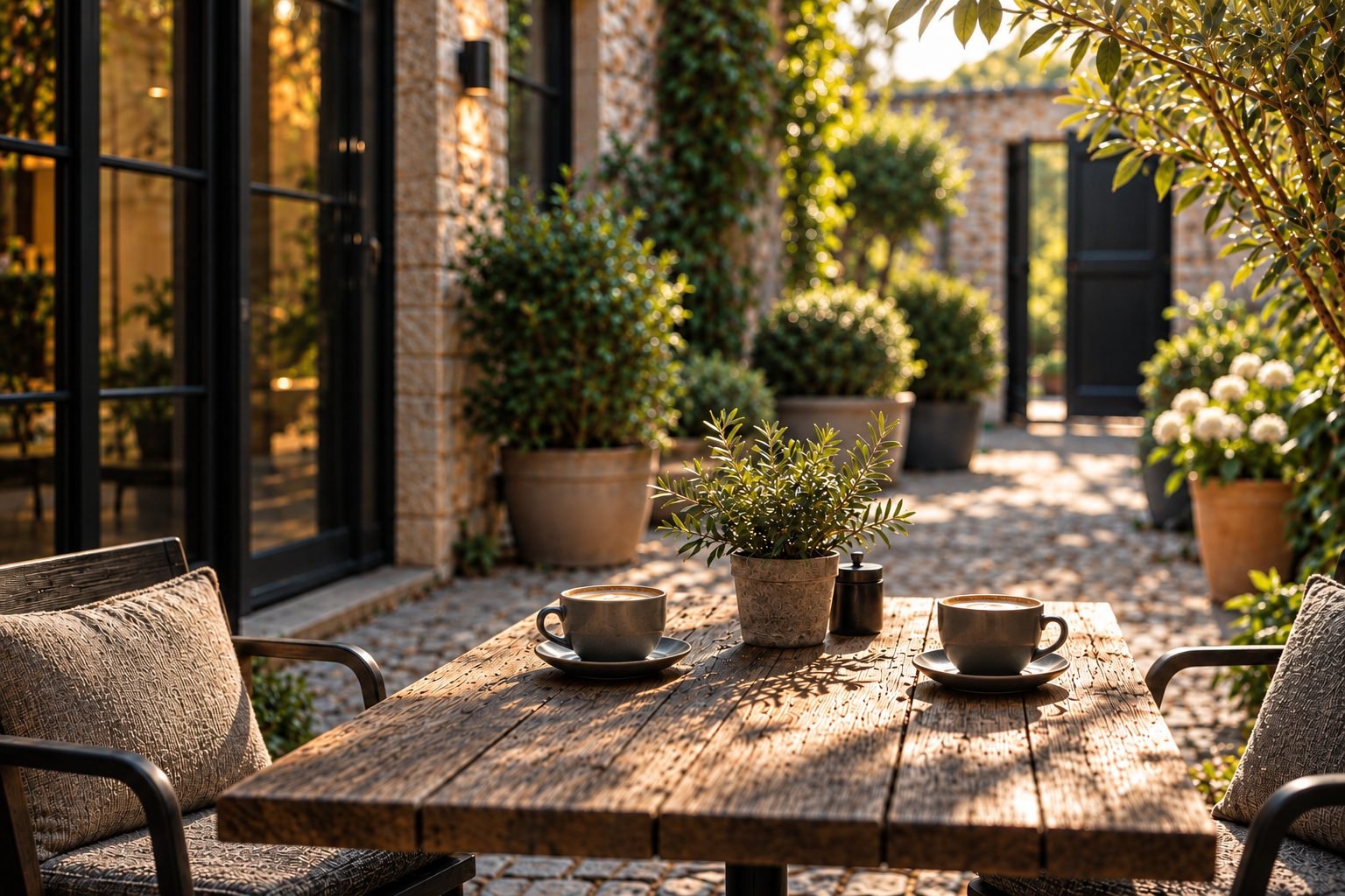 A quiet courtyard with two chairs facing across an imperfect wooden table, two coffees already waiting.