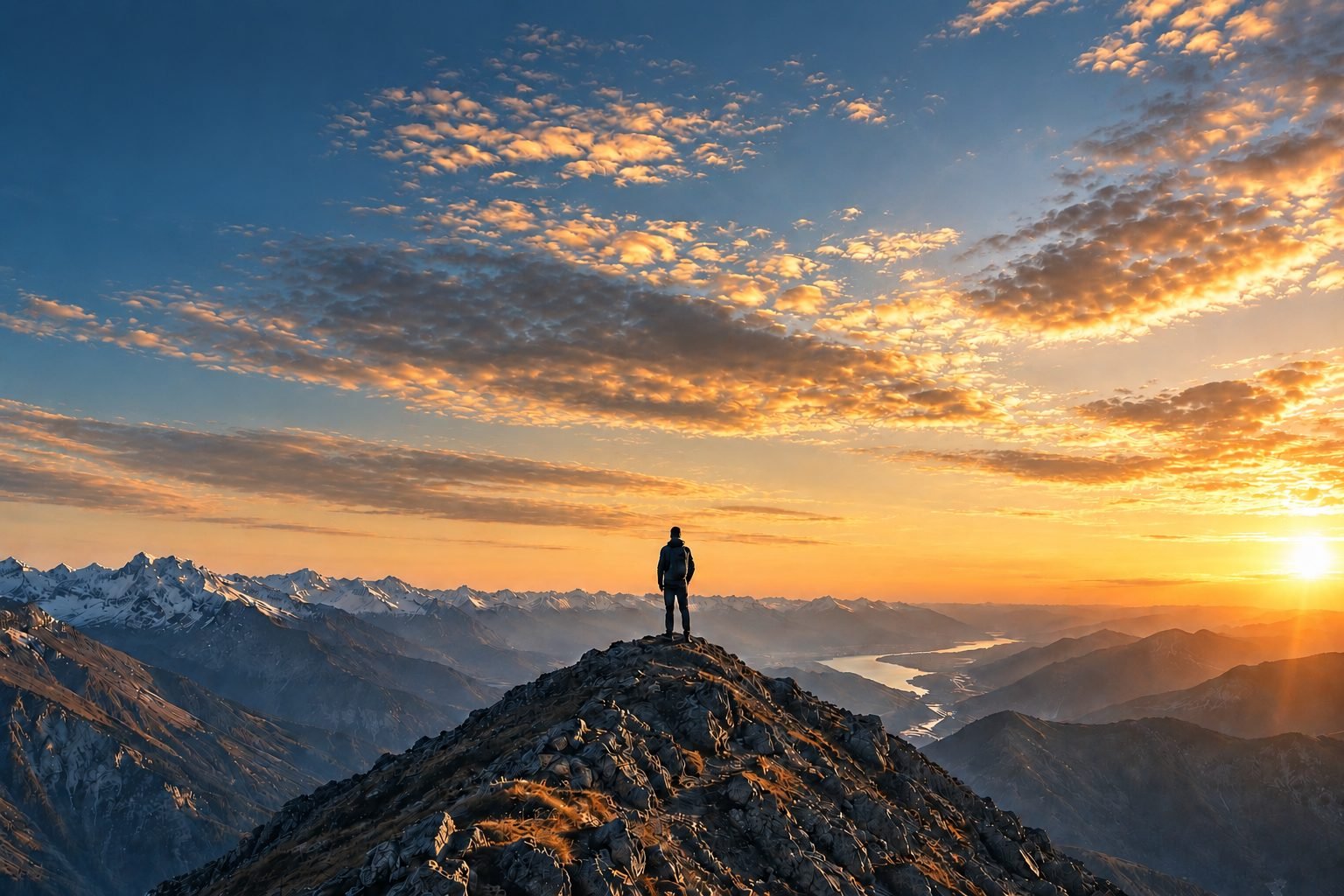 A solitary figure at a high vantage point, surrounded by open space — reflective rather than triumphant.